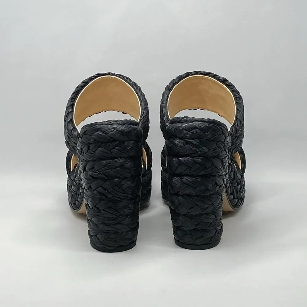Bottega Veneta Trinity Weave Black Raffia Platform Sandals size 38
